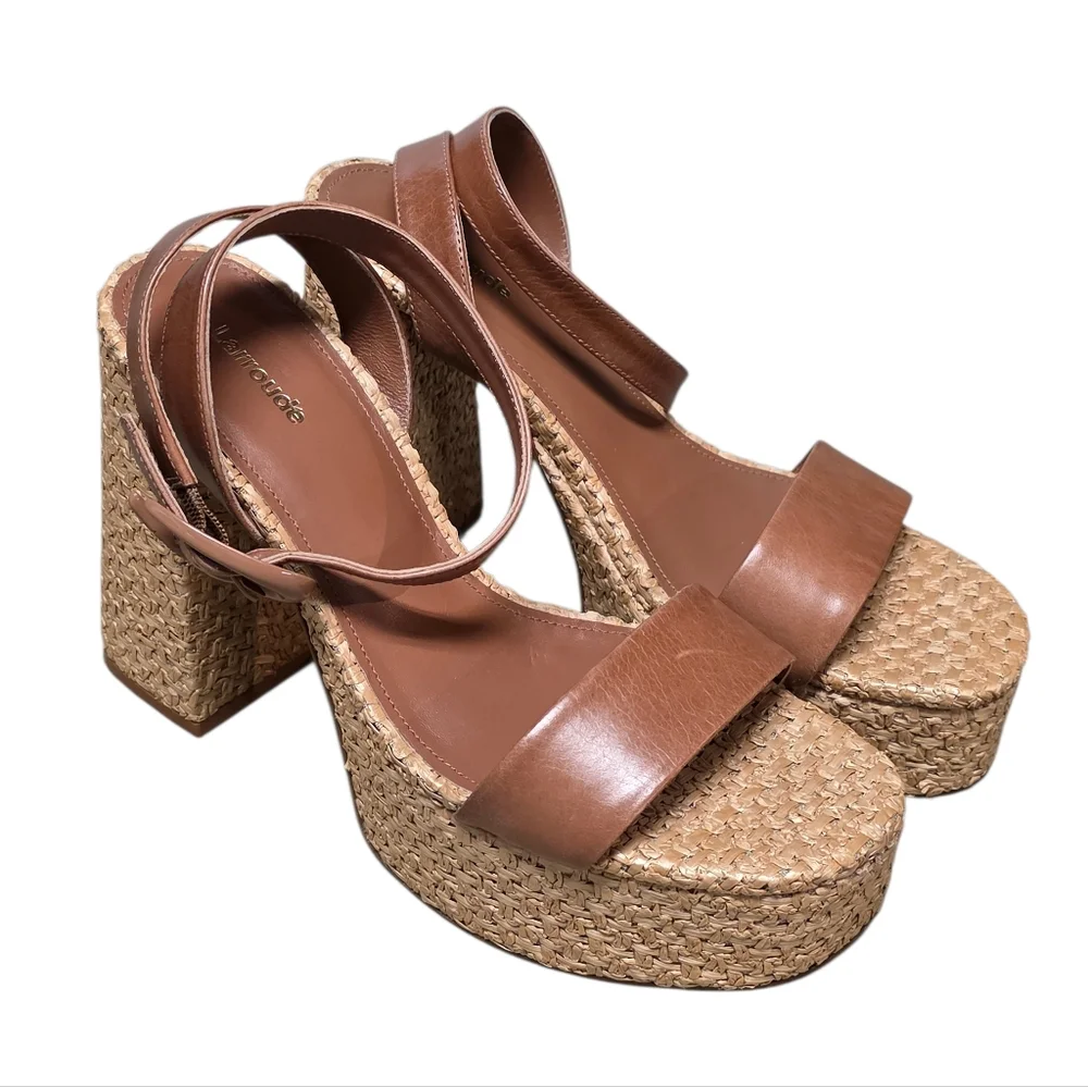 LARROUDE VERONA DOLLY PLATFORM HEEL CARAMEL/RAFFIA 9